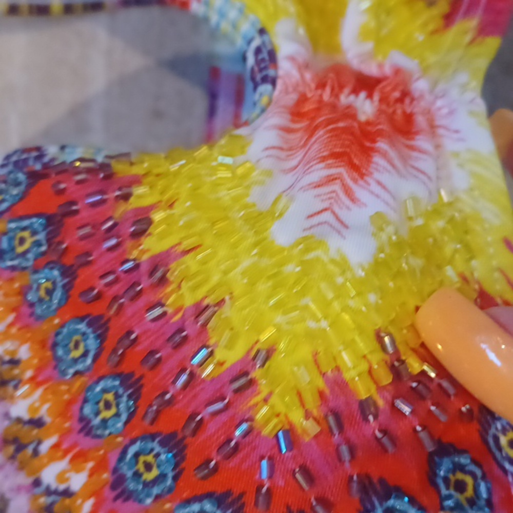 Pilyq Barcelona Multi-Colored Design Print Beaded Front Strappy Bikini Top - Picture 2 of 8